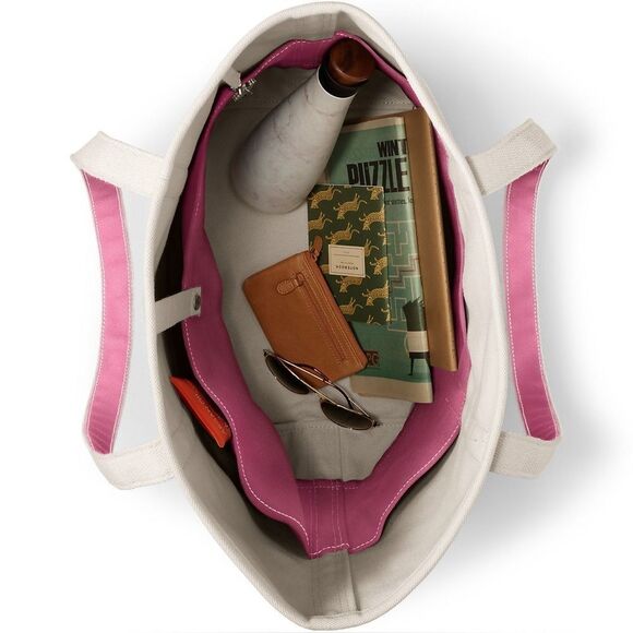 Land's End Large Zippered Canvas Tote pockets Pink Trim initials Pai Long Handle - Picture 7 of 10